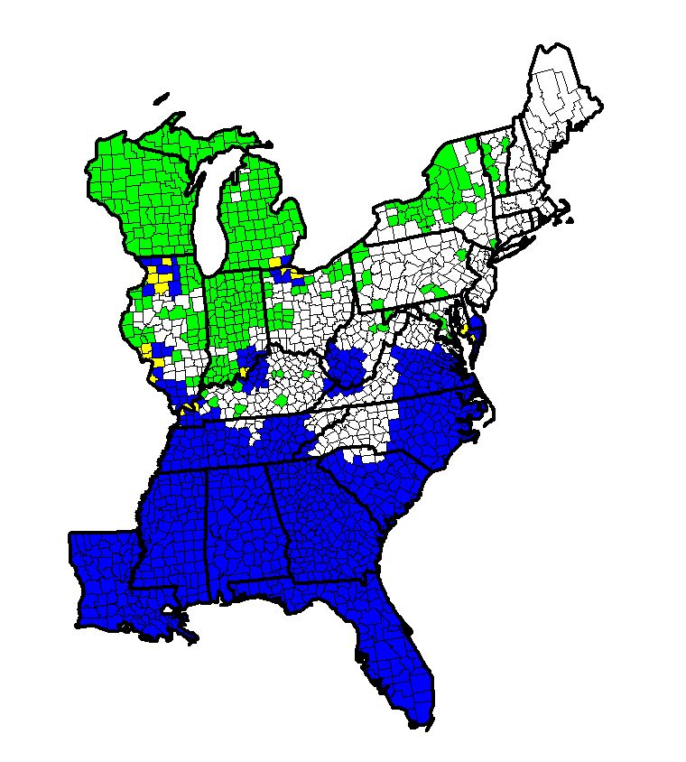 A map of the eastern US shows sedge wren habitat areas.