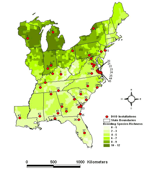 A map of the eastern US shows breeding bird diversity by county.