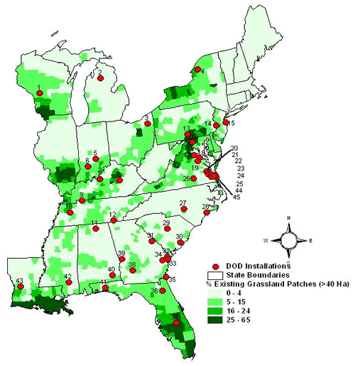 A map of the eastern US shows grassland patches by state.