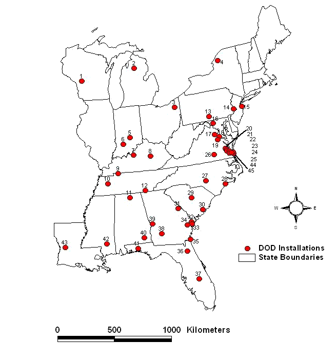 A map of the eastern US showing top military bases for grassland bird conservation.