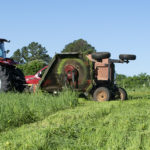 A tractor mows a field of native grasses.