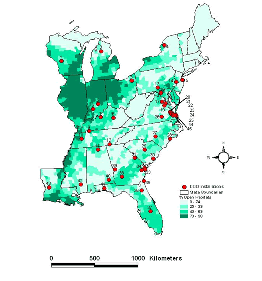 A map of the eastern US shows open habitat spaces by state.