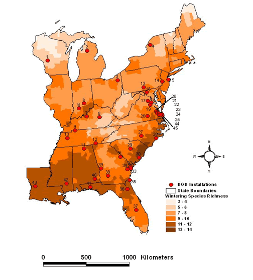 A map of the eastern US shows wintering bird diversity by county.